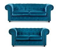 Furnishings For Less UK Ashbourne Chesterfield Velvet Fabric Sofa Suite 3 Seater & 2 Seater Studded Design in Indigo Furnishings For Less UK Indigo