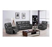 Furnishings For Less UK Boston Grey Leather Large 3 Piece Sofa Suite Manual Reclining Armchairs + Static 3 Seater Seater Sofa