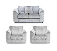 Furnishings For Less UK Crystal Crushed Velvet 3 Piece Sofa Set - 2 1 1 Silver - Scatter Back