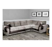 Furnishings For Less UK Large Portland Brown And Beige Fabric And Leather Long 5 Seater L Shaped Corner Sofa Roll Arm Fullback Right Hand Facing