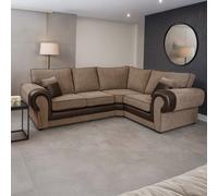Furnishings For Less UK Large Portland Brown And Beige Fabric And Leather 4 Seater L Shaped Corner Sofa Roll Arm Fullback Right Hand Facing