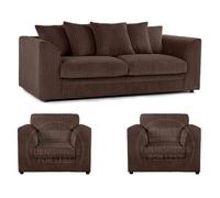 Furnishings For Less UK Luxor Jumbo Cord 3 + 1 + 1 Fabric 3 Piece Sofa Suite - Scatter Back Chocolate