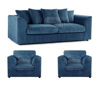 Furnishings For Less UK Luxor Jumbo Cord 3 + 1 + 1 Fabric 3 Piece Sofa Suite - Scatter Back in Blue Furnishings For Less UK Blue