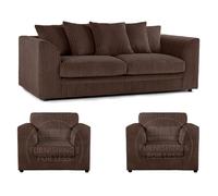 Furnishings For Less UK Luxor Jumbo Cord 3 + 1 + 1 Fabric 3 Piece Sofa Suite - Scatter Back Chocolate
