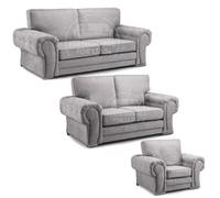 Furnishings For Less UK Milan Fabric 3 Piece Sofa Suite Grey Full Back Chesterfield Style
