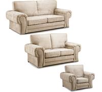 Furnishings For Less UK Milan Fabric 3 Piece Sofa Suite Mink Full Back Chesterfield Style