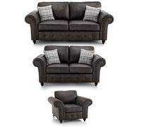 Furnishings For Less UK Oakland 3 Piece Sofa Suite 3 Seater, 2 Seater & Armchair Chesterfield Leather Air Tan in Grey Furnishings For Less UK Grey