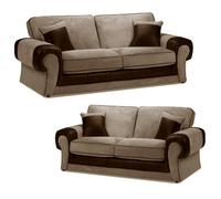 Furnishings For Less UK Portland Fabric Sofa Suite Rolled Arms 3 Seater And 2 Seater Brown And Beige