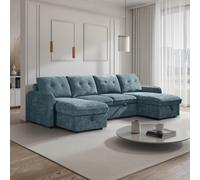 Furnishings For Less UK Seattle U Shaped 5 Seater Fabric Corner Sofa Bed Blue
