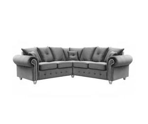 Furnishings For Less UK Zoey Grey Plush Velvet Fabric 5 Seater L Shaped Corner Sofa Chesterfield Design