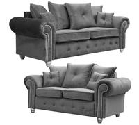 Furnishings For Less UK Zoey Grey Plush Velvet Fabric Sofa Suite 3 Seater & 2 Seater Chesterfield Design Furnishings For Less UK Grey