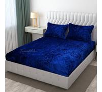 Furnistitchs Velvet Warm Winter Solid Flannel Elastic Fitted Bedsheets for Double Bed King Size 90x100 inches with 2 Pillow Covers | Double Bed Warm Bedsheet with Elastic - Fitted (Royal Blue)