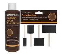 Furniture Clinic Pre-Stain Wood Conditioner (250ml) & Sponge Foam Brushes (4 Pack) - Brush & Condition to Ensure a Smooth Even Application of Stain - Water Based Staining for Indoor & Outdoor Use