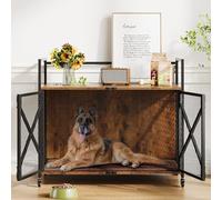 Furniture Dog Crate, Large Dog Cage with Plush Mat, Heavy Duty Indoor Dog Kennel with 4 lockable 360° & Double Locking System for Medium Dogs up to 60lbs, End Table Style, 79*52*73cm, Rustic Brown