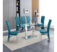 Furniture In Fashion Jet Large Clear Glass Dining Table With 6 Ravenna Teal Chairs