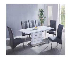 Furniture in Fashion Parini Extending White Gloss Dining Table 6 Vesta Grey Chairs