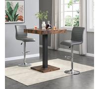 Furniture In Fashion Topaz Rustic Oak Wooden Bar Table With 2 Ripple Grey Stools