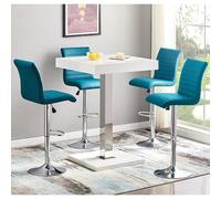 Furniture in Fashion Topaz White High Gloss Bar Table With 4 Ripple Teal Stools