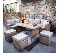 Furniture Maxi Rosen 9 Seater Rattan Corner Sofa Dining Table With Parasol Set in Natural Furniture Maxi Natural