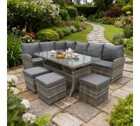 FURNITURE ONE 9 Seater Rattan Corner Patio Set with Glass Dining Table - Gray in Grey FURNITURE ONE Grey