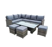 Furniture One 9 Seater Rattan Patio Dining Table Set with Table, Padded Corner Sofa, 3 Stool Outdoor Corner Sofa Set, All-Weather Patio Set - Rising Table