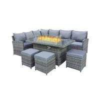 Furniture One 9 Seater Rattan Patio Dining Table Set with Table, Padded Corner Sofa, 3 Stool Outdoor Corner Sofa Set, All-Weather Patio Set - Rattan Fire Pit Table