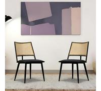 Furniture One Dining Chairs Set of 2, Mid-Century Kitchen Chair-Rattan Backrest and Metal Frame, Upholstered Dining Chair with Living Room, Bedroom - Black