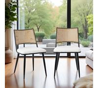 FURNITURE ONE Dining Chairs Set of 2, Mid-Century Upholstered Kitchen Chair with Rattan Backrest & Metal Frame in White | Size: 2 Pack FURNITURE ONE White 2 Pack