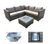 Furniture One Garden Rattan Patio Corner 5 Seater Sofa with Ice Bucket Coffee Table, Padded Wicker Patio All Weather Set - Brown