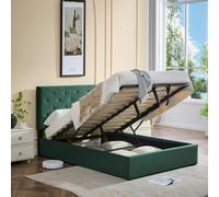 Furniture One Ottoman Storage Bed Frame, Bed Frame with Underbed Storage, Adjustable Headboard, Solid Wood Slats, Max Load 320KS - Double - Green - Button