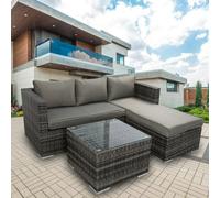 Furniture One Outdoor Corner Garden Lounge 3 Piece Set, L-Shaped Patio Furniture Set with 10cm Soft Cushions, Tempered Glass Table - Fully Assembled - Gray