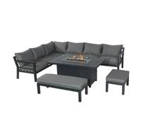 Furniture One Outdoor Gas Fire Pit 8 Seater Dining Table Set, Corner Sofa with Soft Cushions & 2 Benches - Gray