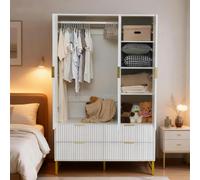 Furniture One White Wooden Wardrobe Cabinet with Drawers, Hanging Rail, Modern Clothes Storage Unit for Bedroom - 118x55x185 CM - 3 Door Wardrobe