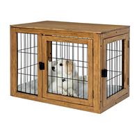 Furniture Style Dog Crate - Acacia Wood Kennel for Medium Dogs with Double Doors and Cushions - PETMAKER (Natural)
