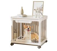 Furniture Style Dog Crate Nightstand With Tray For Small Medium Dogs - Anti-Escape Indoor Kennel Side End Table With Barn Door - Decorative Sturdy Wooden Basic Dog House(White,72x58x62cm)