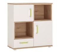 4Kids 2 Door 1 Drawer Cupboard with 2 open shelves in Light Oak and white High Gloss (lemon handles), none