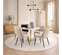 Furniture To Go Corby Round Dining Table With White Polished Marble Top & Gold Base Inc 4 Brooke Dining Chairs In Beige