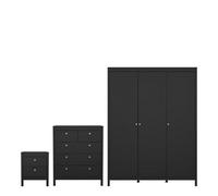 Furniture To Go Madrid 3 Piece Bundle, Bedside, Chest And 3 Door Wardrobe In Matt Black