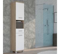 Furniture To Go Veris Tall Narrow Bathroom Cupboard With 2 Doors And 1 Drawer In Sonoma Oak And White High Gloss