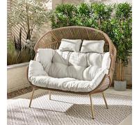 Furniturebox 2 Seat Rattan Double Egg Chair - Beige & Cream Cushions - Free Cover, 146x85cm - Egg Collection