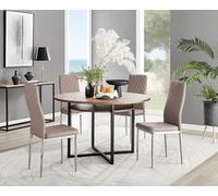 Furniturebox Adley Brown Wood Effect And Black Round Dining Table With Storage Shelf And 4 Beige And Silver Milan Modern Faux Leather Chairs