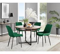 Furniturebox Adley Brown Wood Effect And Black Round Dining Table With Storage Shelf And 4 Green Velvet Black Leg Pesaro Dining Chairs