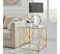Furniturebox Amalfi Gold Chrome Metal Side Table - Square Clear Glass & Gold Chrome Table - Abstract Pattern - Sleek, Chic, Bright & Airy
