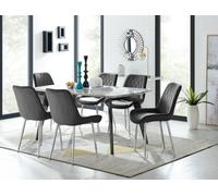 FurnitureboxUK Andria Marble Effect Dining Table With Black Legs & 6 Pesaro Velvet Silver Leg Chairs FurnitureboxUK Black