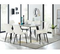 FurnitureboxUK Andria White Marble Effect & Black Leg 6 Seater Dining Table & 6 Pesaro Soft Velvet Chairs in Cream FurnitureboxUK Cream