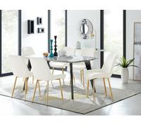 FurnitureboxUK Andria Marble Effect Dining Table With Black Legs & 6 Pesaro Velvet Gold Leg Chairs in Cream FurnitureboxUK Cream