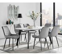 FurnitureboxUK Andria White Marble Effect & Black Leg 6 Seater Dining Table & 6 Pesaro Soft Velvet Chairs in Grey FurnitureboxUK Grey