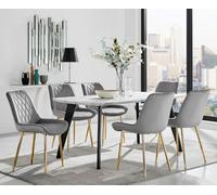 FurnitureboxUK Andria Marble Effect Dining Table With Black Legs & 6 Pesaro Velvet Gold Leg Chairs in Grey FurnitureboxUK Grey