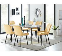 FurnitureboxUK Andria White Marble Effect & Black Leg 6 Seater Dining Table & 6 Pesaro Soft Velvet Chairs in Mustard FurnitureboxUK Mustard