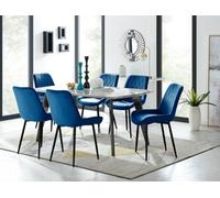 FurnitureboxUK Andria White Marble Effect & Black Leg 6 Seater Dining Table & 6 Pesaro Soft Velvet Chairs in Navy FurnitureboxUK Navy